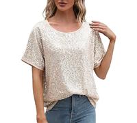 YOSUWOAI Maglietta da donna Sparkly Sequin Top Glitter Party Clubwear Maglietta a maniche corte glitterata con scollo rotondo, con paillette, elegante maglietta lucida per cocktail, O Gold, L