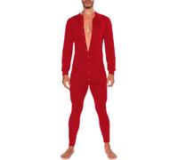 YOSUWOAI Onesie - Pigiama intero da uomo, a maniche lunghe, morbido, sexy, aderente, con bottoni, body da allenamento, slim fit, biancheria intima in tinta unita, O rosso., L