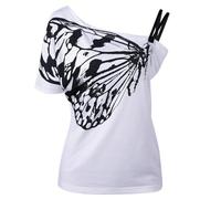 YOSUWOAI Tee Y2k - Maglietta da donna Grunge Top Emo, vintage, a maniche corte, con stampa a farfalla, sexy, punk gotico, asimmetrico, Y2K Clubwear, O bianco., L
