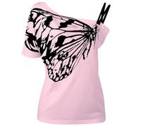 YOSUWOAI Tee Y2k - Maglietta da donna Grunge Top Emo, vintage, a maniche corte, gotica, asimmetrica, con stampa a farfalla, camicetta estiva, O rosa., M