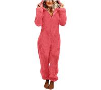 YOSUWOAI Tuta da donna in pile con orsacchiotto, soffice, per l'inverno, caldo, in peluche, per la casa, per il sonno, morbido, pigiama con cappuccio, O Anguria Rosso, XXL