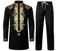 YOSUWOAI Uomo Africano 2 Pezzi Set Manica Lunga Dashiki Camicia e Pantaloni Vestito Vestito Tradizionale Dubai Arab Abbigliamento con Stampa Oro Maglione Africano Top e Pantaloni Lunghi, O nero., L