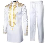 YOSUWOAI Uomo Africano 2 Pezzi Set Manica Lunga Dashiki Camicia e Pantaloni Vestito Vestito Tradizionale Dubai Arab Abbigliamento con Stampa Oro Maglione Africano Top e Pantaloni Lunghi, O bianco.,