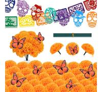 Yotako 30 fiori di calendula per decorazioni del giorno dei morti, fiori artificiali arancioni con steli, striscione Día de los Muertos e farfalla monarca, decorazione per feste messicane Diwali di