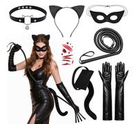 Yotako Set di accessori a tema gatto nero, 7 pezzi, per travestimento di | Maschera girocollo con orecchie di gatto, guanti lunghi, coda di peluche, finta frusta, cicatrici, adesivi per Halloween