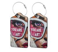 You are Art Woman - Targhetta per bagagli con occhiali e graffiti, confezione da 2 etichette per bagagli in pelle con patta per la privacy, etichetta identificativa con nome e anello in metallo, per