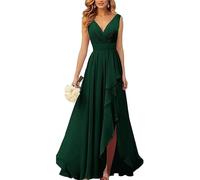 YOUCAI Abito Cerimonia Donna Eleganti Lungo Raso Senza Maniche Abito Damigella d'Onore Scollo a V Curvy Vestiti da Sposa Chiffon Vita Alta Vestito da Cocktail,23,S