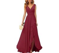 YOUCAI Abito Cerimonia Donna Eleganti Lungo Raso Senza Maniche Abito Damigella d'Onore Scollo a V Curvy Vestiti da Sposa Chiffon Vita Alta Vestito da Cocktail,16,M