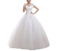 YOUCAI Donna Abito da Sposa Pizzo Elegante Vestiti da Matrimonio Lunghi con Appliques Stile Impero Linea ad A Abiti da Sera,Bianco,EU36