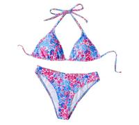 YOUCAI Donna V Profonda Bikini Due Pezzi con Stampa Floreale e Design Color-Block Regolabile Halter Top a Triangolo e Slip con Laccetti Beachwear FF931RO XS