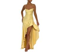 YOUCAI Vestito da Cerimonia Donna Spaghetti Senza Maniche Vestiti da Sera Elegante Cerimonia Abito Estivo Linea A Spacco Laterale con Volantes,Giallo,S