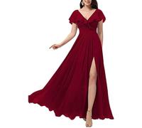 YOUCAI Vestito Donna Elegante Cerimonia Lungo Scollo a V Maniche a Volant Stile Impero Abito da Sera Abito da Damigella Linea ad A con Spacco,Rosso Vino,L