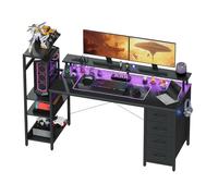 YOUDENOVA Scrivania da gioco, 150 x 50 cm, tavolo da gioco con illuminazione a LED e presa, scrivania per computer con cassetti, fibra di carbonio, colore nero