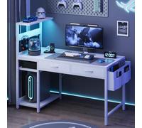 YOUDENOVA Scrivania Gaming Reversibile con LED e Multipresa, Scrivania per Computer 100 cm Compatta con 2 Cassetti, Mensola Regolabile, Tavolo PC per Piccole Camere e Uffici Domestici Bianco