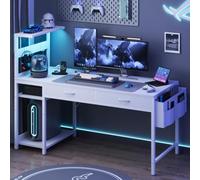 YOUDENOVA Scrivania Gaming Reversibile con LED e Multipresa, Scrivania per Computer 120 cm Compatta con 2 Cassetti, Mensola Regolabile, Tavolo PC per Piccole Camere e Uffici Domestici Bianco