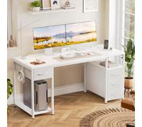 YOUDENOVA Scrivania per Computer 140 cm con Multipresa, Scrivania con 4 Cassetti, Supporto CPU, Scrivania Multifunzionale per Ufficio, Studio e Gaming, Montaggio Semplice Bianco