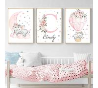 Youihom 3 Nome Personalizzato Bambino Quadretti 30 x 40 cm Rosa Elefante Hotair Balloon Luna Nuvola Poster Cameretta Ragazza Quadro Alta Qualità Decorazione per la Parete Tela Stampata senza Cornice