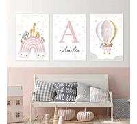 Youihom 3 poster camera da letto ragazza prenom tavolo bebe arcobaleno mongolfiera animali poster camera bambini rosa tela con nome personalizzato parete art deco bambino regalo senza cornice