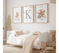 Youihom 3 Quadretti Personalizzati Bimba Quadro con Nome Bambino 30x40 Poster Cameretta Neonato Orsetto Nuvole Stelle Grigio Beige Stampe Tela Senza Cornice