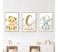 Youihom 3 Quadro con Nome Bambino Quadretti Personalizzati Bimba 30 x 40 Poster Animali del Bosco Leoni Elefante Stampe Cameretta Neonato Boho Beige Grigio Quadri Tela Senza Cornice
