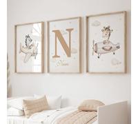 Youihom 3 Stampe per Cameretta Neonato Boho Beige Quadretti Personalizzati Bimba Quadro con Nome Bambino 30x40 Poster Animali Cameretta Giraffa Zebra Nuvole Stella Quadri Tela senza Cornice