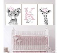 Youihom 3 Tela Nome Camera Bambini Giraffe Leone con Fiori Quadro Grigio e Rosa Poster Personalizzabile Stampe Decorazione da Parete Regalo 30 x 40 cm senza Cornice