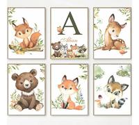 Youihom 6 Quadro Animali Bosco Quadretti Personalizzati Bimba Poster con Lettere del Nome Bambini Stampe Cameretta Neonato Volpe Orso Scoiattolo Cervo Marrone Verde Quadri Tela 21x30 senza Cornice