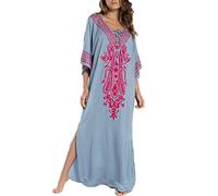YouKD Abito Estivo Caftano Floreale Ricamato Vestaglia da Spiaggia Boho Allentata Bikini Coprire il Vestito per Donne