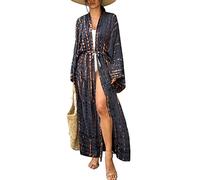 YOUKD Abito estivo da donna lungo caftano maxi bohemien da spiaggia coprente vestaglia spaziosa kimono taglia unica, Colore: nero. Etichettalia unica
