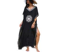 YOUKD Abito Estivo in Cotone Caftano Floreale Ricamato Vestaglia da Spiaggia Boho Allentata Bikini Coprire Il Vestito per Donne