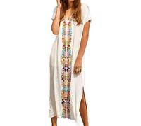 YOUKD Abito Estivo in Cotone Caftano Floreale Ricamato Vestaglia da Spiaggia Boho Allentata Bikini Coprire Il Vestito per Donne