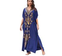 YOUKD Abito Estivo in Cotone Caftano Floreale Ricamato Vestaglia da Spiaggia Boho Allentata Bikini Coprire Il Vestito per Donne