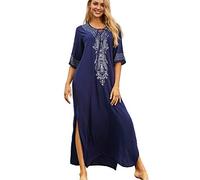 YOUKD Abito Estivo in Cotone Caftano Floreale Ricamato Vestaglia da Spiaggia Boho Allentata Bikini Coprire Il Vestito per Donne
