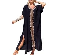 YouKD Abito estivo in cotone ricamato floreale sciolto caftano Boho Beach Bikini Cover Up Dress Plus Size Robe per le donne, J Black, Etichettalia unica