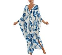 YOUKD Abito estivo lungo da donna, caftano, maxi abito bohémien, da spiaggia, copri-bikini, G Foglie Blu, Taglia unica