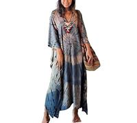 YouKD Accappatoio estivo da donna, stile boho kaftano, taglie forti, da spiaggia, vestaglie, taglia unica, D Blu Grigio, Taglia unica
