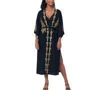 YouKD Caftano casual ricamato con motivo floreale boho spiaggia bikini copertura abito oversize da donna, U nero., Taglia unica