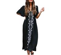 YOUKD Caftano Lungo Floreale Ricamato in Cotone Estivo Costume da Bagno Bohemian Beach Abito Maxi Cover Up da Donna