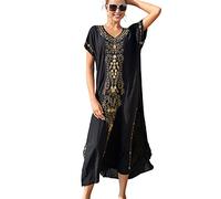 YOUKD Cotton Embroidered Floral Loose Kaftan Boho Beach Bikini Cover Up Dress Plus Size Nightgown for Women