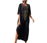 YOUKD Cotton Embroidered Floral Loose Kaftan Boho Beach Bikini Cover Up Dress Plus Size Nightgown for Women