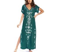 YOUKD Cotton Kaftan Abito Floreale Ricamato Bohemian Beach Bikini Cover Up Robe Plus Size Camicia da Notte per Le Donne