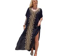YouKD Estate Cotone Ricamato Floreale Allentato Caftan Boho Beach Bikini Copertura Up Dress Plus Size Robe per le Donne, L Oro Nero, Etichettalia unica