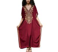 YouKD - Kaftano floreale ricamato in stile bohémien, copricostume da spiaggia, bikini, accappatoio lungo da donna, K Red, Taglia unica