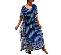 YouKD Maxi abito con scollo a V Caftano Boho Beach Bikini Cover Up Robe Plus Size Loungewear per le donne, B blu scuro., Taglia unica