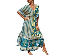 YouKD Maxi abito con scollo a V Caftano Boho Beach Bikini Cover Up Robe Plus Size Loungewear per le donne, B Verde Giallo, Taglia unica