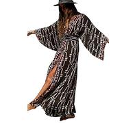 YouKD Maxi abito da donna, stile bohémien, kimono lungo, taglia unica, Nero e bianco, Taglia unica