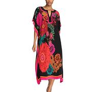 YouKD Pirnt - Maxi abito lungo da donna, motivo floreale, caftano, A Rosso Nero, taglia unica