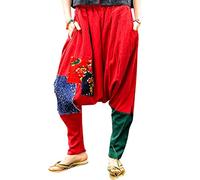 Youlee Donna Elastico in Vita Patchwork Harem Pantaloni Rosso