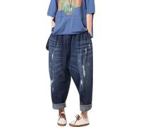 Youlee Donna Elastico Vita Ampia Leg Harem Pantaloni Foro Jeans Blu M