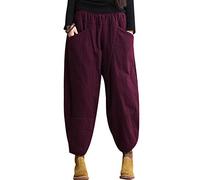 Youlee Donna Inverno Elastico in Vita Grande Tasche Caldo Pantaloni Borgogna